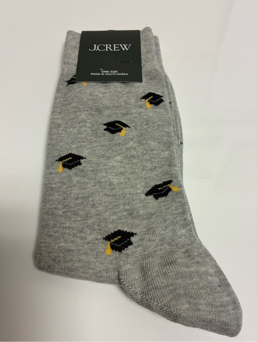 J. Crew Gray Crew Socks with Black Graduation Cap and Yellow Tassel Motifs
